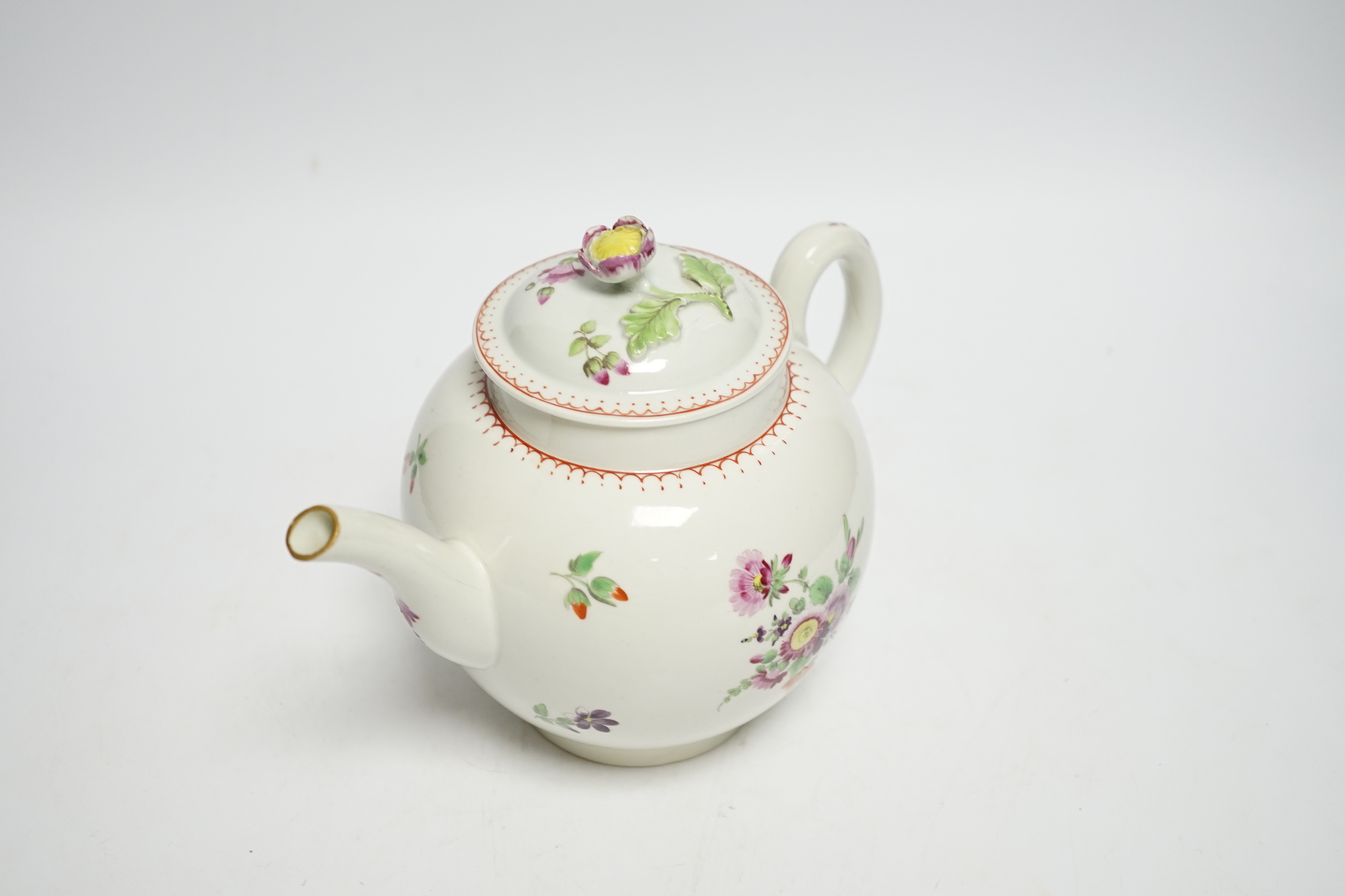 A Worcester globular teapot c. 1780, hand painted with flowers, 21cm wide